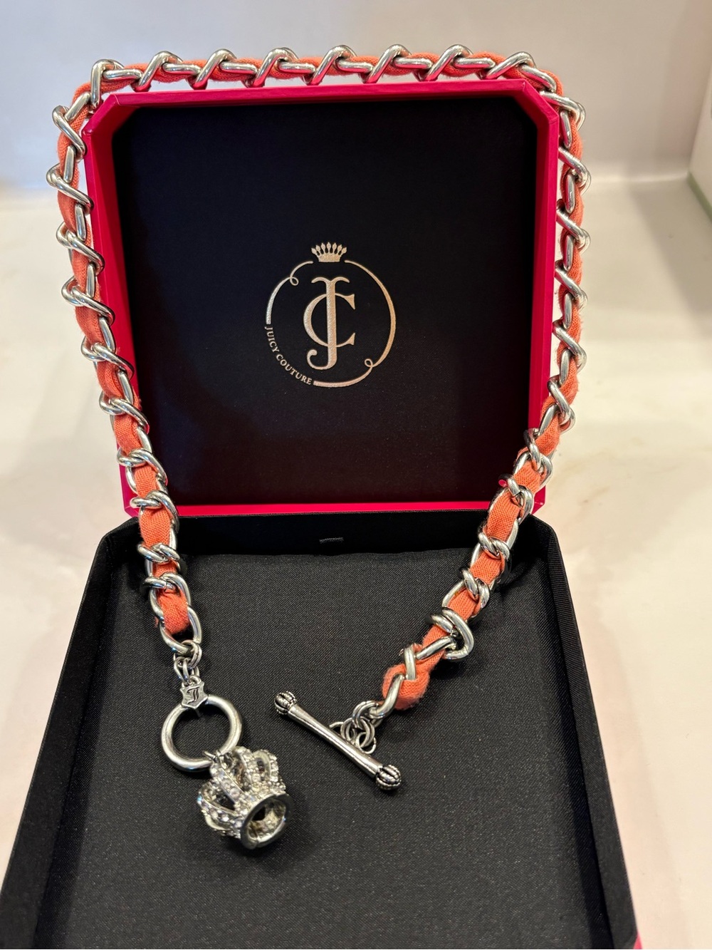 Juicy Couture Coral-Orange Chain-Link Necklace with Crystal Crown Charm